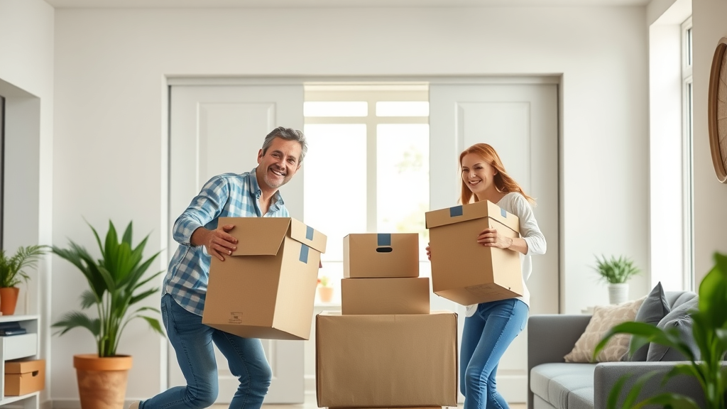 Cheerful couple organizing boxes in bright self-storage unit, clutter-free home