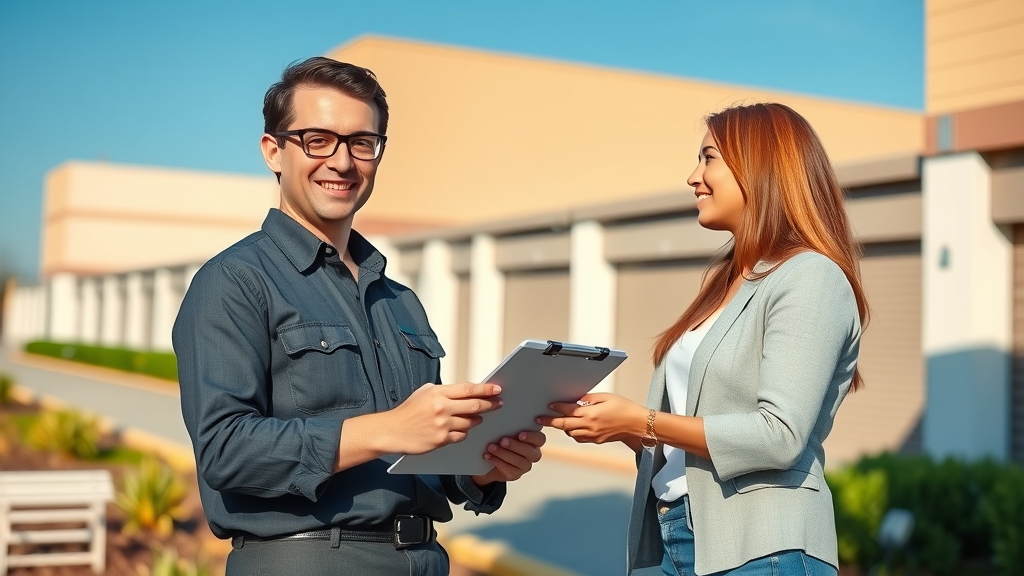 Friendly manager assists customer at secure self-storage facility entrance