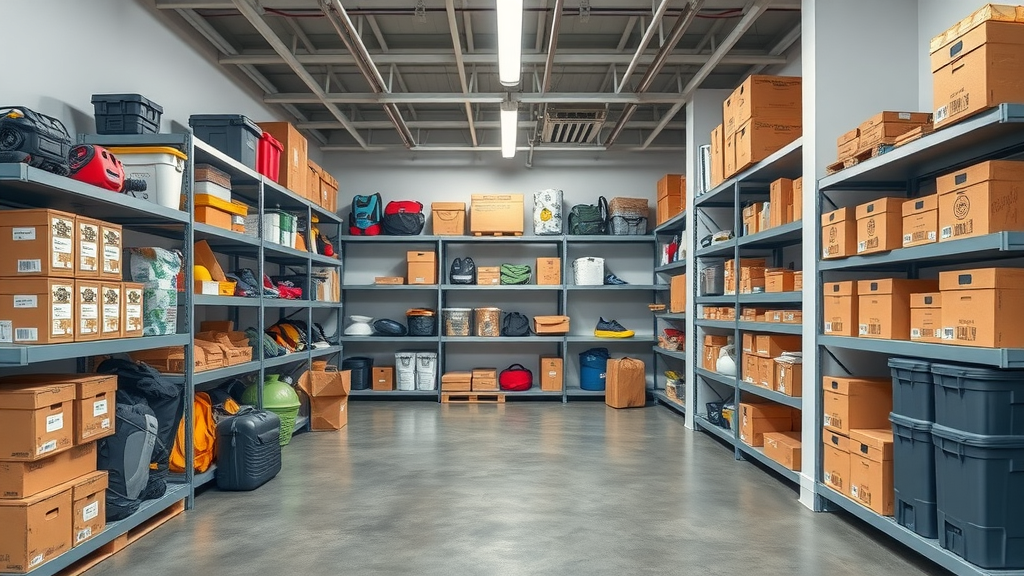 Organized climate-controlled self-storage unit filled with labeled family gear