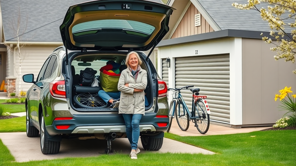 Woman loading seasonal items beside suburban self-storage, decluttering driveway