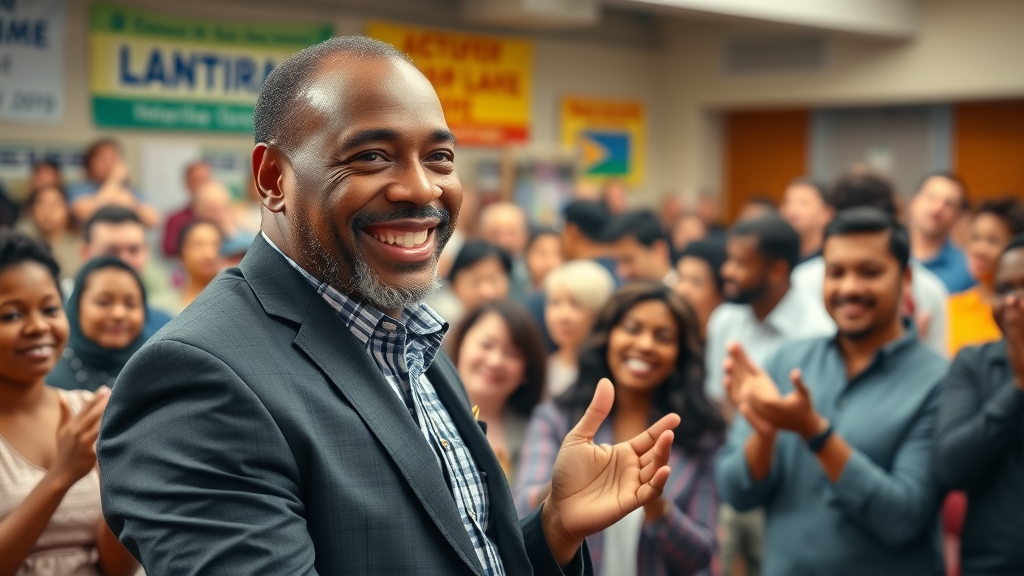 Dr. Darell Tolbert leading an inspiring community event, addressing a diverse audience, demonstrating his journey from drug dealer to community leader