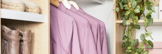 Close-up of a custom built-in wardrobe by 7am Wardrobes in Sydney, featuring organised shoe shelves, hanging shirts, and decorative shelving with greenery—showcasing functional and stylish storage design. 