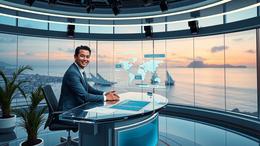 Futuristic Cabo news channel newsroom with anchor and AI travel data interface