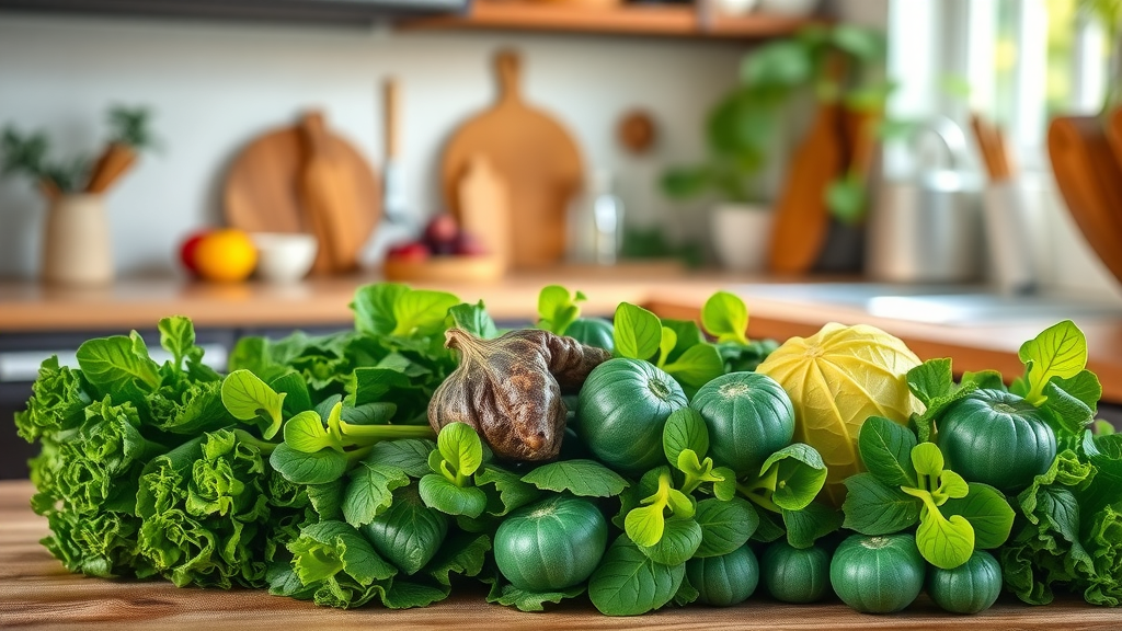 Vibrant fresh green superfoods for cardio health, arranged on rustic wooden table in morning light.