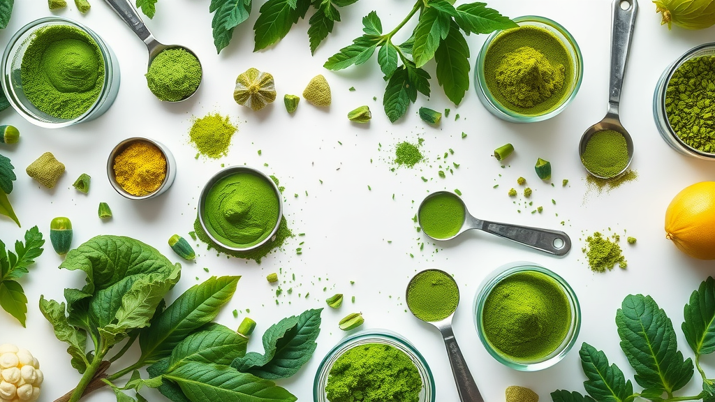 Lush variety of green superfoods in scientific flat lay for improved heart health and blood pressure