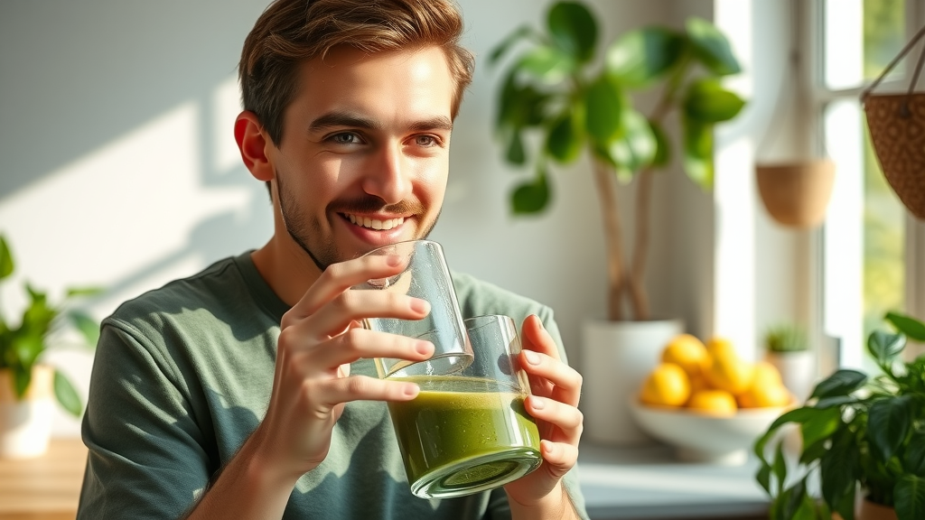 Individual enjoying green superfood smoothie, promoting heart health and positive lifestyle
