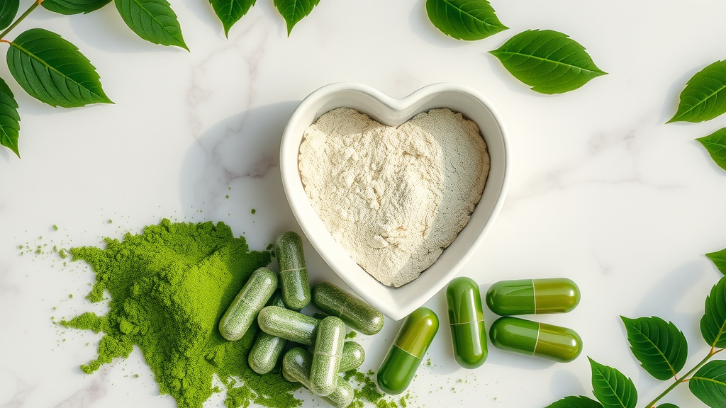 Green superfood powders and capsules compared for heart health benefits, heart-shaped bowl on marble background