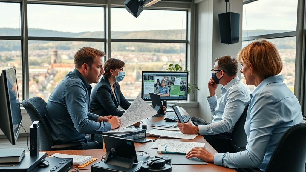 vibrant local newsroom, professional journalists collaborating with Monmouthshire scenery - https://monmouthshiremedia.com