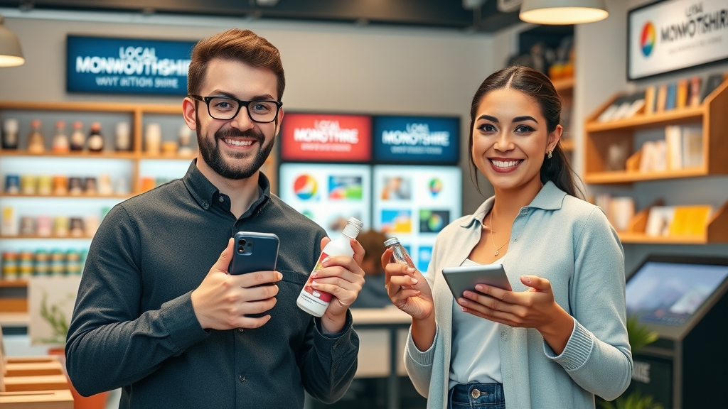 modern small business owners, digital platform showcase in Monmouthshire with local branding - local business partnerships