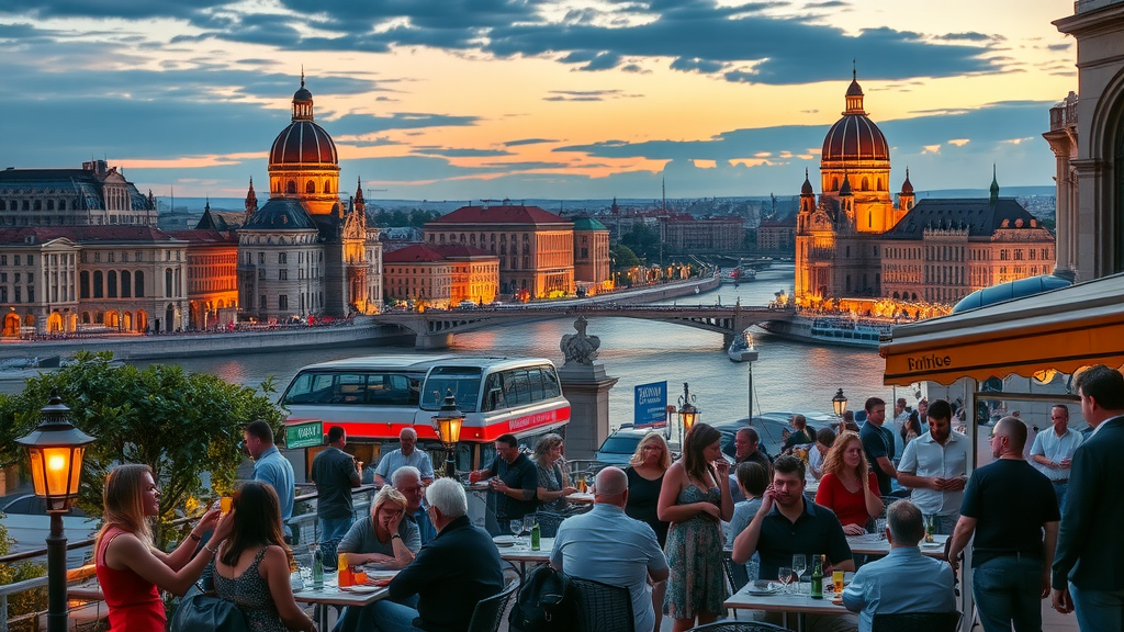 best budapest restaurants vibrant Budapest cityscape at twilight with lively locals and tourists enjoying outdoor restaurant terraces near the Danube river
