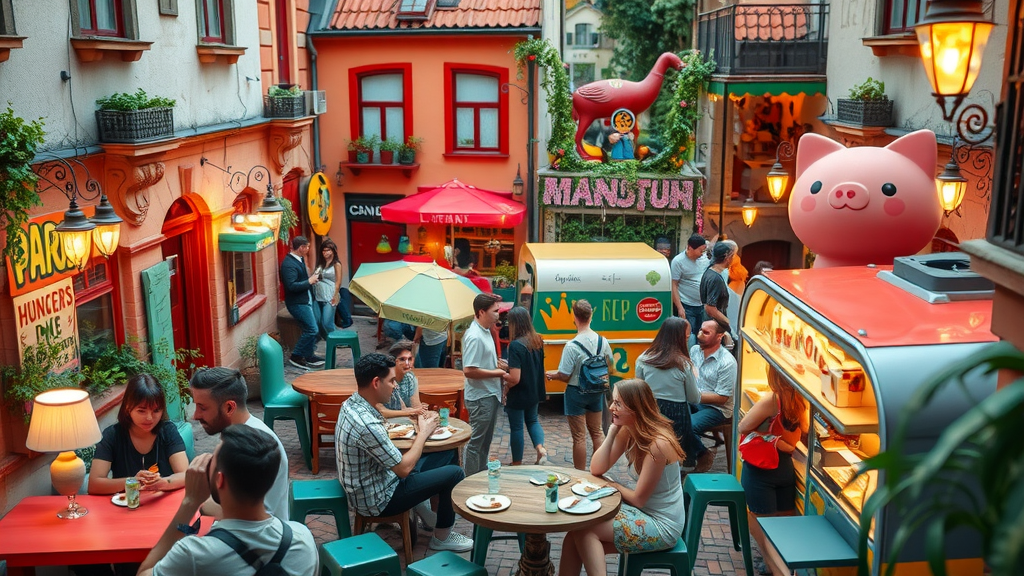 szimpla kert best budapest restaurants colorful ruin pub courtyard with guests sampling Hungarian street food in surreal vintage décor