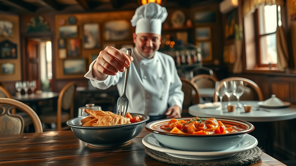 rosenstein traditional hungarian family restaurant chef presenting steaming chicken paprikash