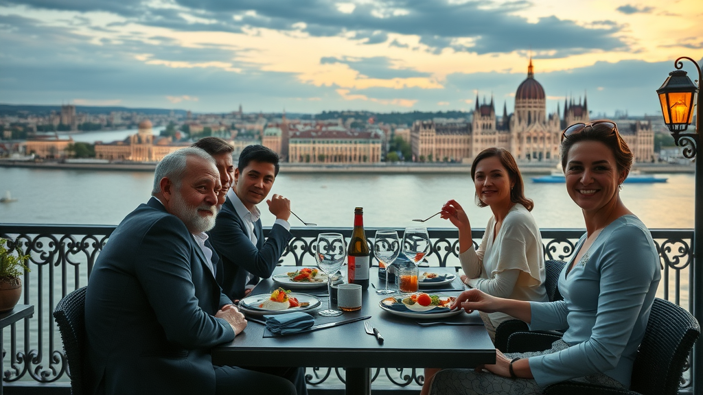 kiosk best budapest restaurants chic riverside restaurant terrace with diners enjoying Hungarian cuisine and panoramic Danube views