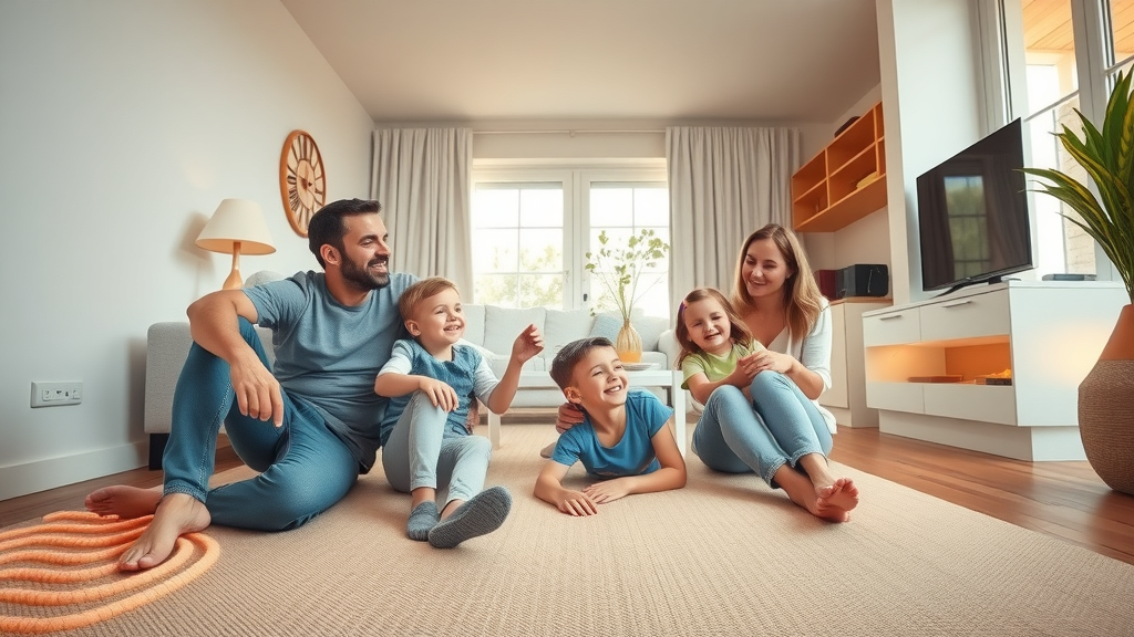 Family enjoying warm floors in a bright living room with underfloor heating system, cozy interior
