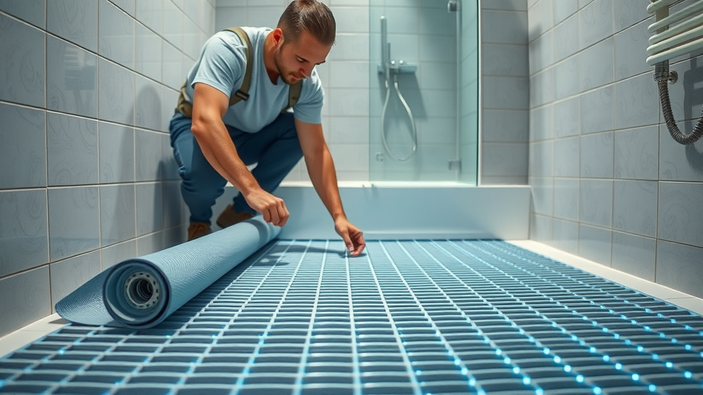 Installer fitting electric underfloor heating mat in tiled bathroom, demonstrating electric heat setup