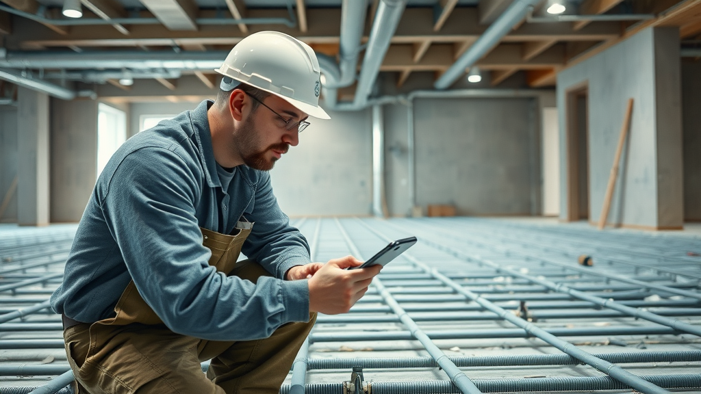 Technician reviewing hydronic underfloor heating pipes during installation in large under-construction room, hydronic system details visible