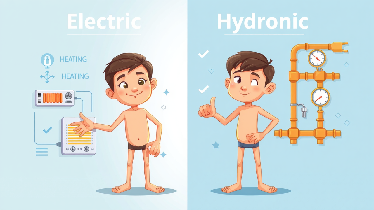 Infographic comparing electric vs hydronic underfloor heating systems, showing system icons and efficiency ratings