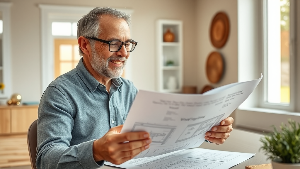 Homeowner reviewing underfloor heating options with floor plans and samples in modern home office