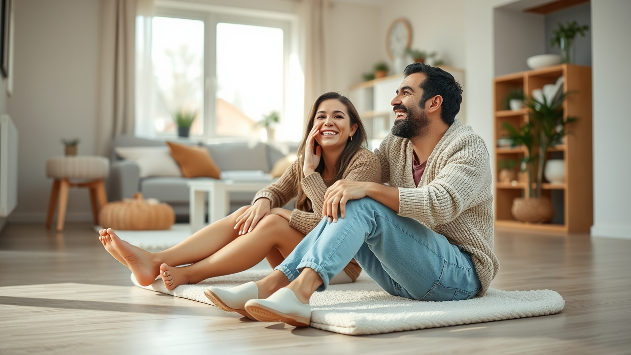 Happy couple enjoying heated floor in bright living room with underfloor heating system, even comfort visible