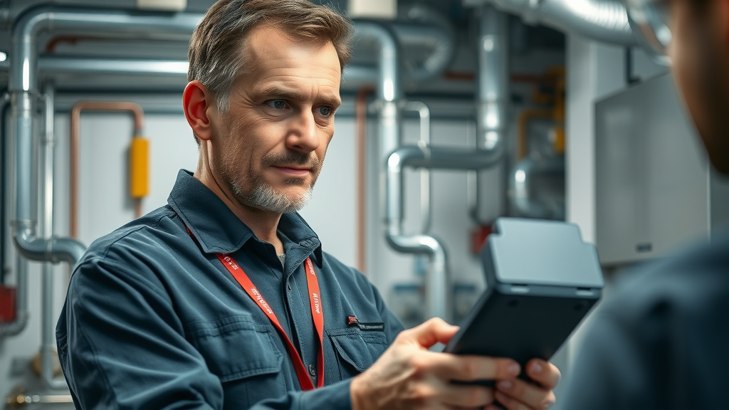 Edward Serrell Plumbing &amp; Heating Ltd engineer inspecting modern boiler system