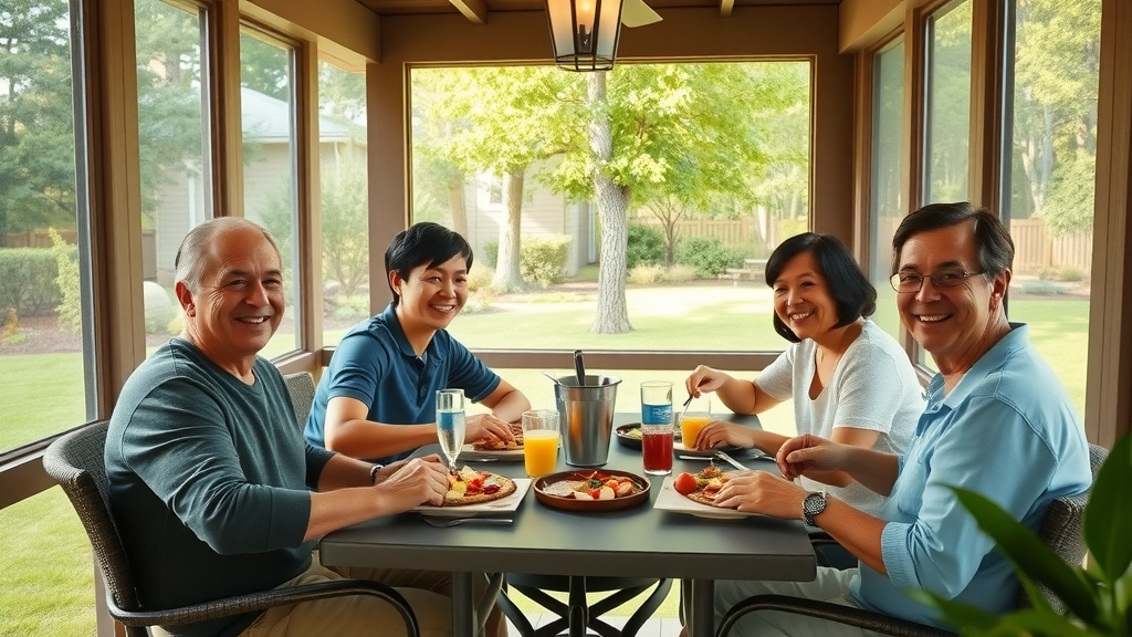 inviting family enjoying screened-in porch, sharing a meal together in lush green backyard setting, natural poses, soft sunlight, adding on a screened-in porch