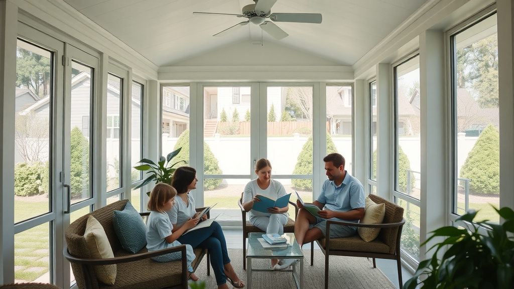 bright spacious screened-in porch with clean architectural lines and family relaxing, natural daylight, adding on a screened-in porch