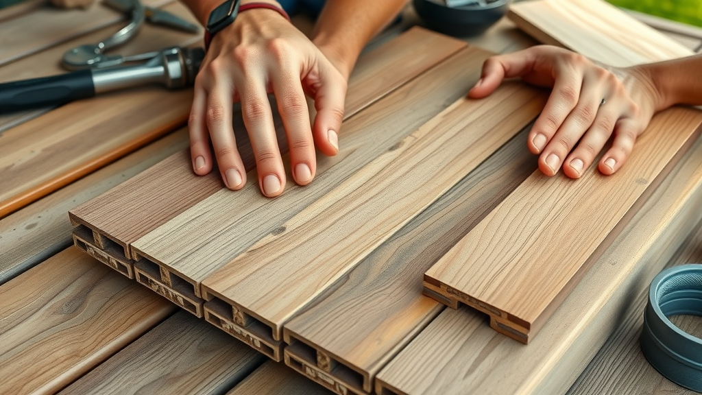 close-up comparing composite decking and wood boards, hands feeling texture, natural light, adding on a screened-in porch