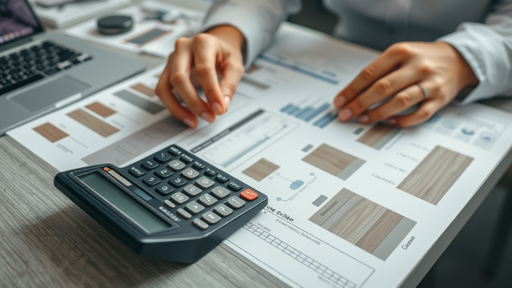 hands using calculator and construction plans for screened-in porch cost estimates, composite deck samples present, adding on a screened-in porch