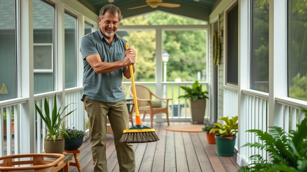 homeowner cleaning screened porch deck with gentle brush, organized and detailed space, composite decking, adding on a screened-in porch