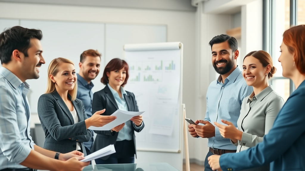 inspiring small business team presenting new strategy with business support in Monmouthshire, modern office, natural daylight, digital screens and whiteboards, highly detailed