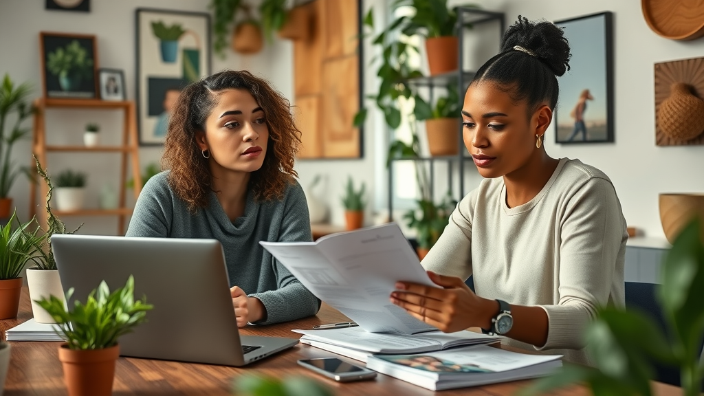 collaborative business owners reviewing business support service options in Monmouthshire, community workspace, laptops and brochures, plants, highly detailed