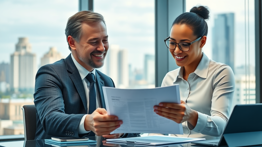 skilled business advisor guiding entrepreneur with business support and financial planning, business lounge, Monmouthshire city view, paperwork and digital tablet