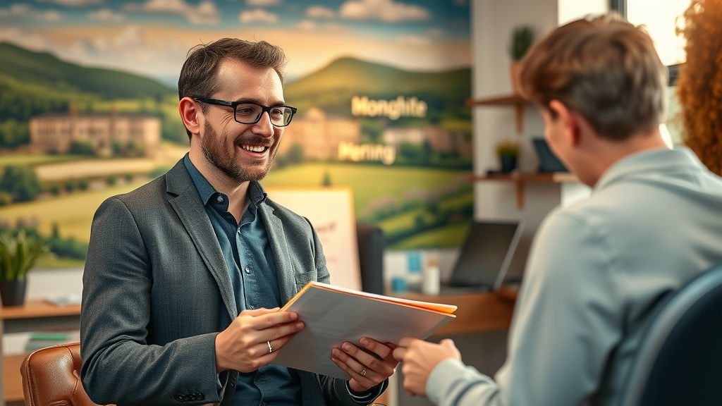 engaged business owner discussing tailored business support solutions with local Monmouthshire expert, welcoming setting, landscape mural, open notepad and laptops