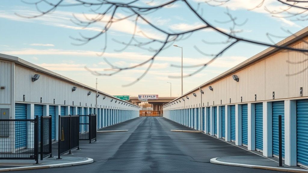 Modern self storage facility near Alma AR with secure gated entrance and highway access
