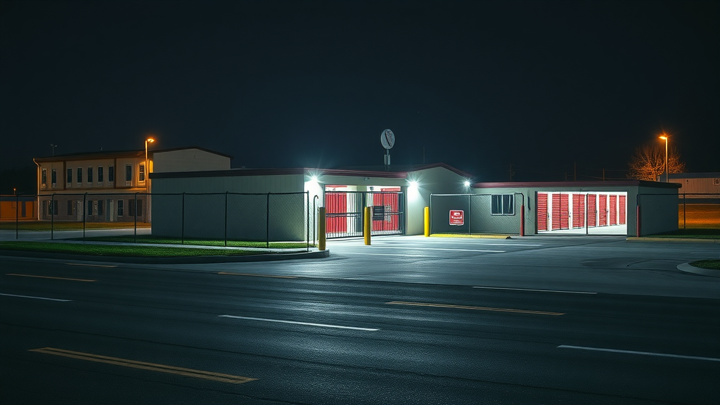 Well-lit self storage facility Alma AR with secure electronic gate and night security