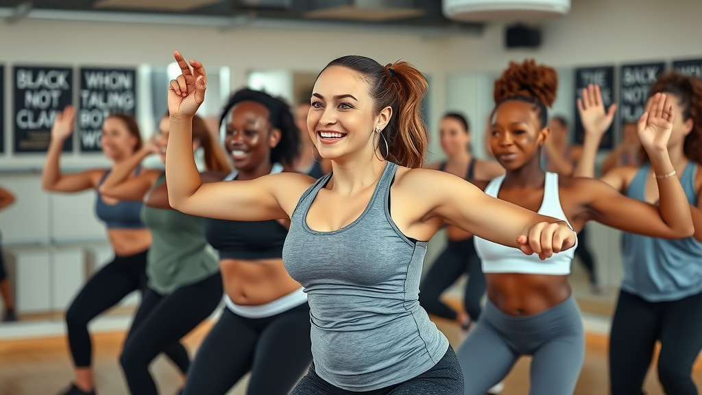 winnipeg women workout routines energizing boot camp fitness class, group of smiling women performing exercises in urban studio