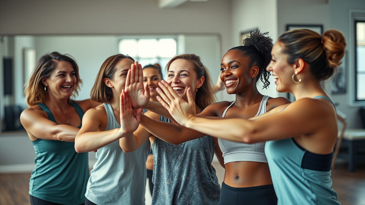 supportive winnipeg women post workout group fitness victory celebration in stylish studio