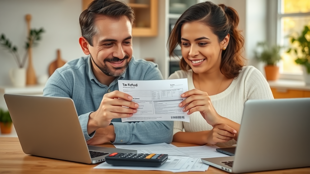 relieved couple reviewing tax refund notice after amended tax return