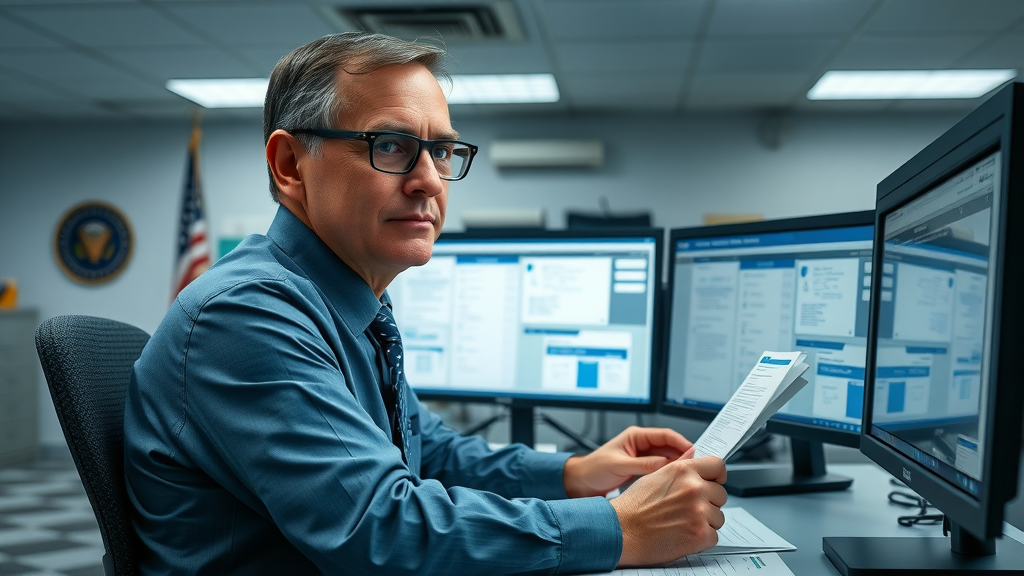 IRS agent reviewing amended tax returns and tax documents at a multi-monitor workstation