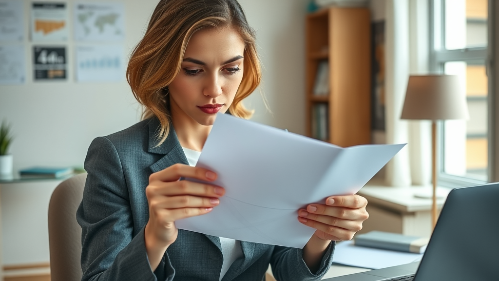 Serious professional woman reading IRS notice related to irs notices and issues in a modern home office