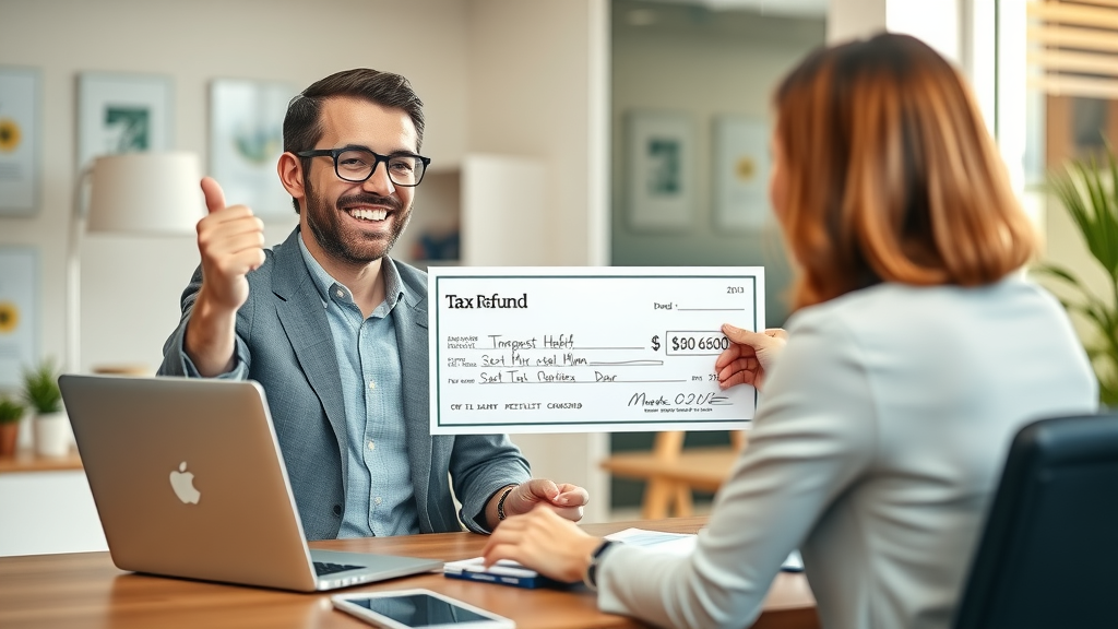 happy client receiving tax refund at northwest arkansas tax services office