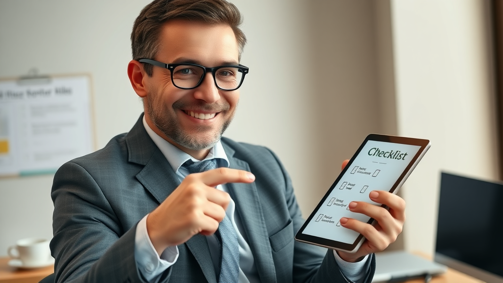 Confident financial advisor explaining OIC eligibility checklist on a digital tablet, settling offer in compromise (oic) issues