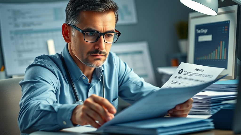 Advisor organizing OIC eligibility documents and tax forms on a desk, income certification