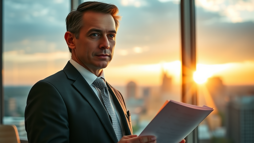 Business professional holding paperwork, Arkansas skyline sunrise, ready to settle offer in compromise (OIC) issues