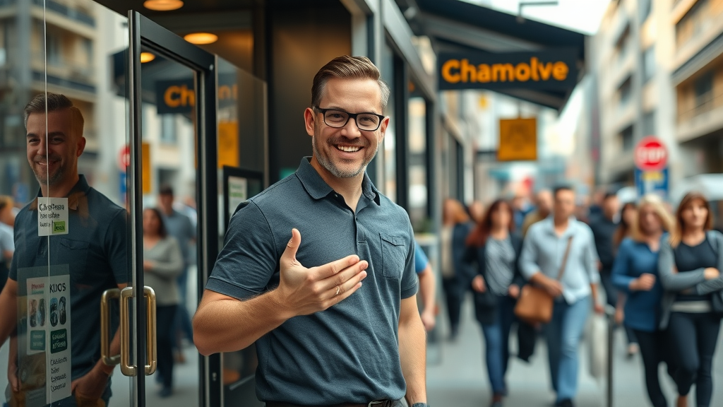 Dynamic storefront street in Auckland, friendly business owner standing at entrance, welcoming gesture, photorealistic high fidelity, busy urban background, local business visibility nz