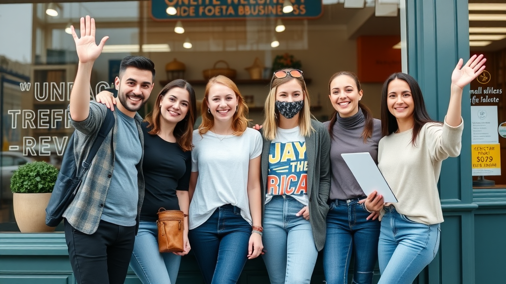 Happy small business team celebrating increased foot traffic in New Zealand, business directory auckland, shop window, bold colors, local business visibility nz