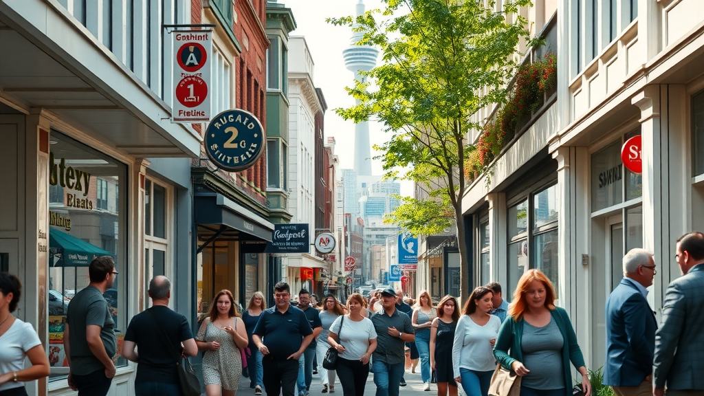 vibrant inner-city Auckland street lined with diverse small business storefronts, bustling atmosphere, pedestrians browsing, iconic Auckland Sky Tower, lush greenery, business niches nz