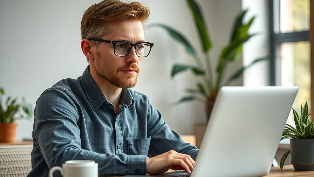 thoughtful New Zealand entrepreneur analyzing product ideas with laptop, modern office, native NZ plants, business idea, business niches nz