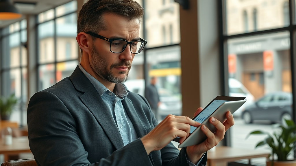 dedicated Auckland business owner researching market trends, digital tablet with charts, cozy cafe, business idea, business niches nz