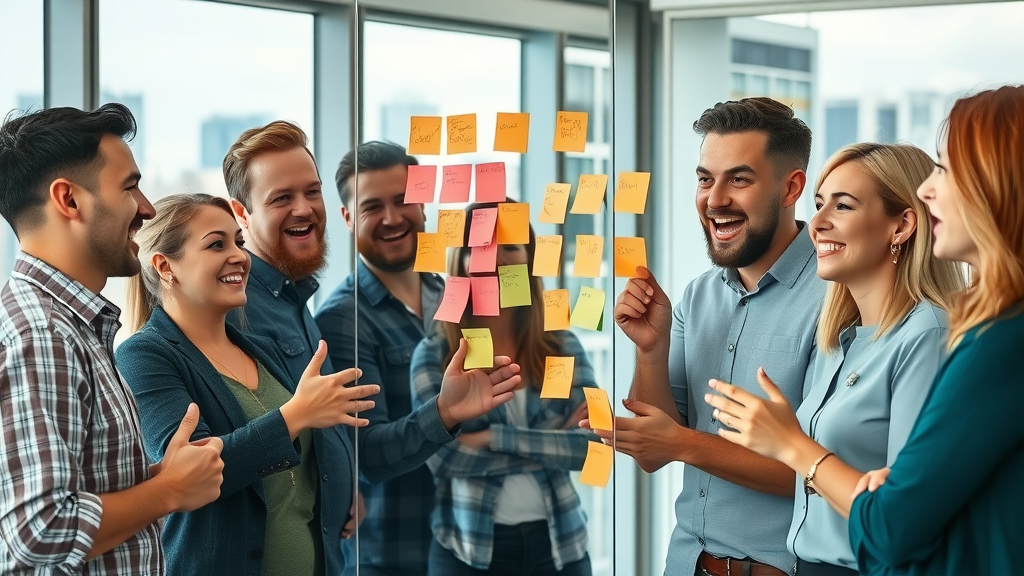 creative marketing team in Auckland working on niche business marketing strategies, brainstorming, glass wall with post-its, city skyline, business niches nz